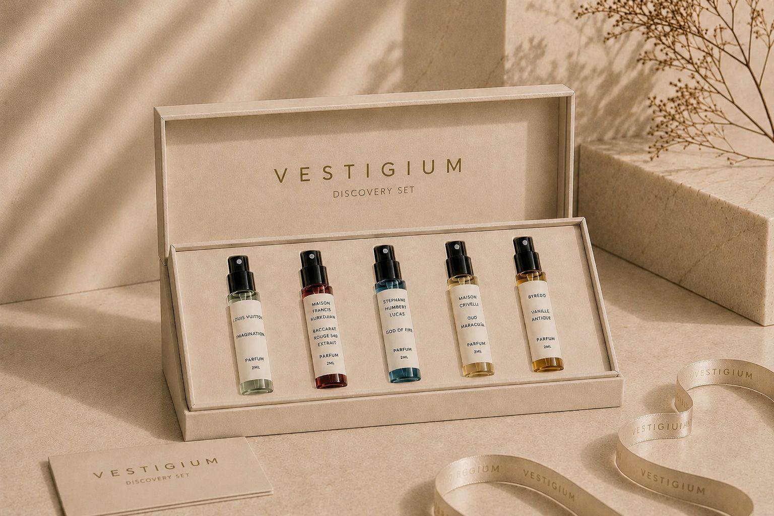 The VESTIGIUM Discovery Set: five 2 ml decants in their travertine box